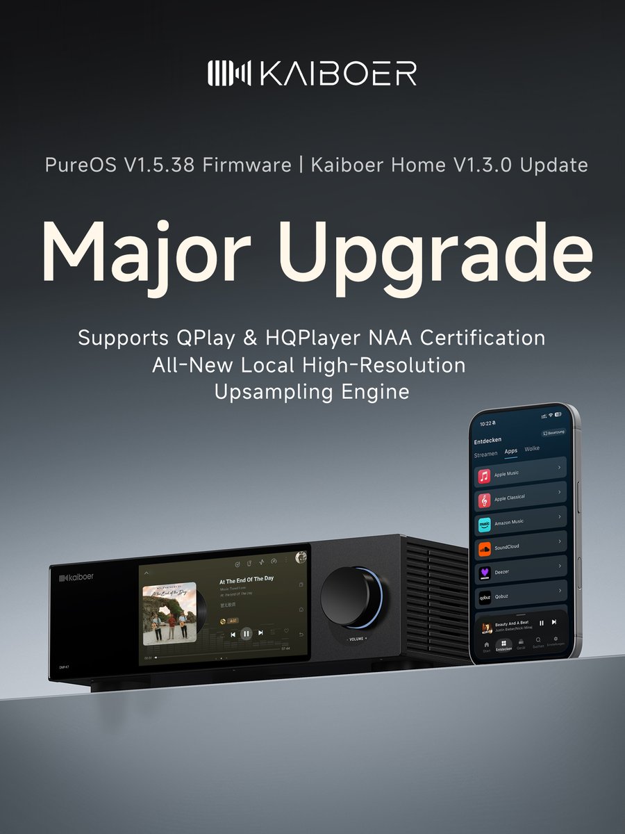 KaiboerAudio's tweet photo. Kaiboer PureOS V1.5.38 & Kaiboer Home V1.3.0 Update ✨
🔥Big news: QQ Music officially integrated via native API for Kaiboer streamers.
Enjoy lossless, Master & Dolby Atmos audio, control remotely with Kaiboer Home App.
✅New High-Res Upsampling Engine with real-time DSD upsampling
✅QPlay & HQPlayer NAA certified
✅Enhanced K-Link cloud storage & multi-room playback
✅Better DSD / high-res playback stability
Kaiboer Home V1.3.0 also brings quick upsampling controls & improved local music library management.

#Kaiboer #PureOS #HiFiStreamer #Audio #HiFi