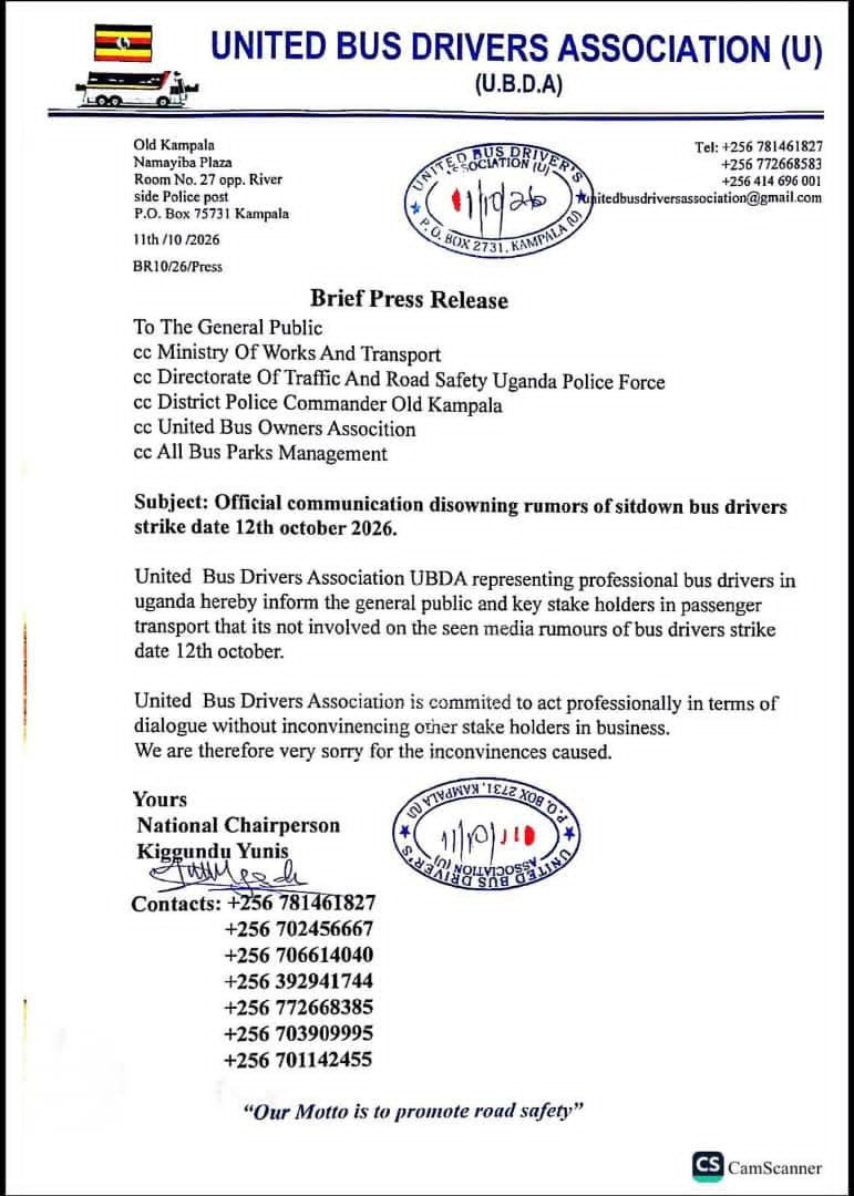 MoWT_Uganda's tweet photo. 🚍 PUBLIC NOTICE

@MoWT_Uganda informs the public that bus services continue to operate normally across the country following the United Bus Drivers Association (UBDA) disowning reports of a planned bus drivers’ strike on Monday 12th October 2026.

Passengers are therefore free to travel, and bus services are continuing as usual. We urge all road users, bus operators and drivers to prioritise safety, responsible driving and compliance with traffic regulations.

The Ministry remains committed to safeguarding the lives of all road users and ensuring safe and reliable passenger transport services.

Your safety is our priority. #RoadSafety 
#SafeTravelUg
#MoWTUpdates