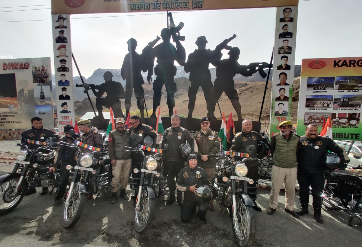 DGP_Ladakh's tweet photo. The Ladakh Police Motorcycle Rally team paid homage to brave soldiers at the Kargil War Memorial and interacted with students, NCC and NSS cadets at Dak Bungalow before proceeding towards Sonamarg, carrying the message of national unity and @lg_ladakh @ashishkundra @anandjainips https://t.co/n55gknpdPU