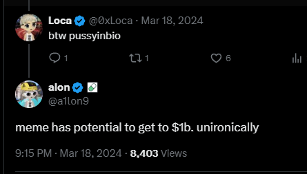 SteveSmithzetv's tweet photo. alright guys this market is fuckin dead so i was trying to find something fresh to run

turns out in 2024 alon actually told us what has $1b mcap potential

its pussy in bio

simple and clean

its also a pretty fresh narrative that i havent seen properly run before and has also never run paired to pump

dex at 20k like always
https://t.co/eXzAHOwc1J