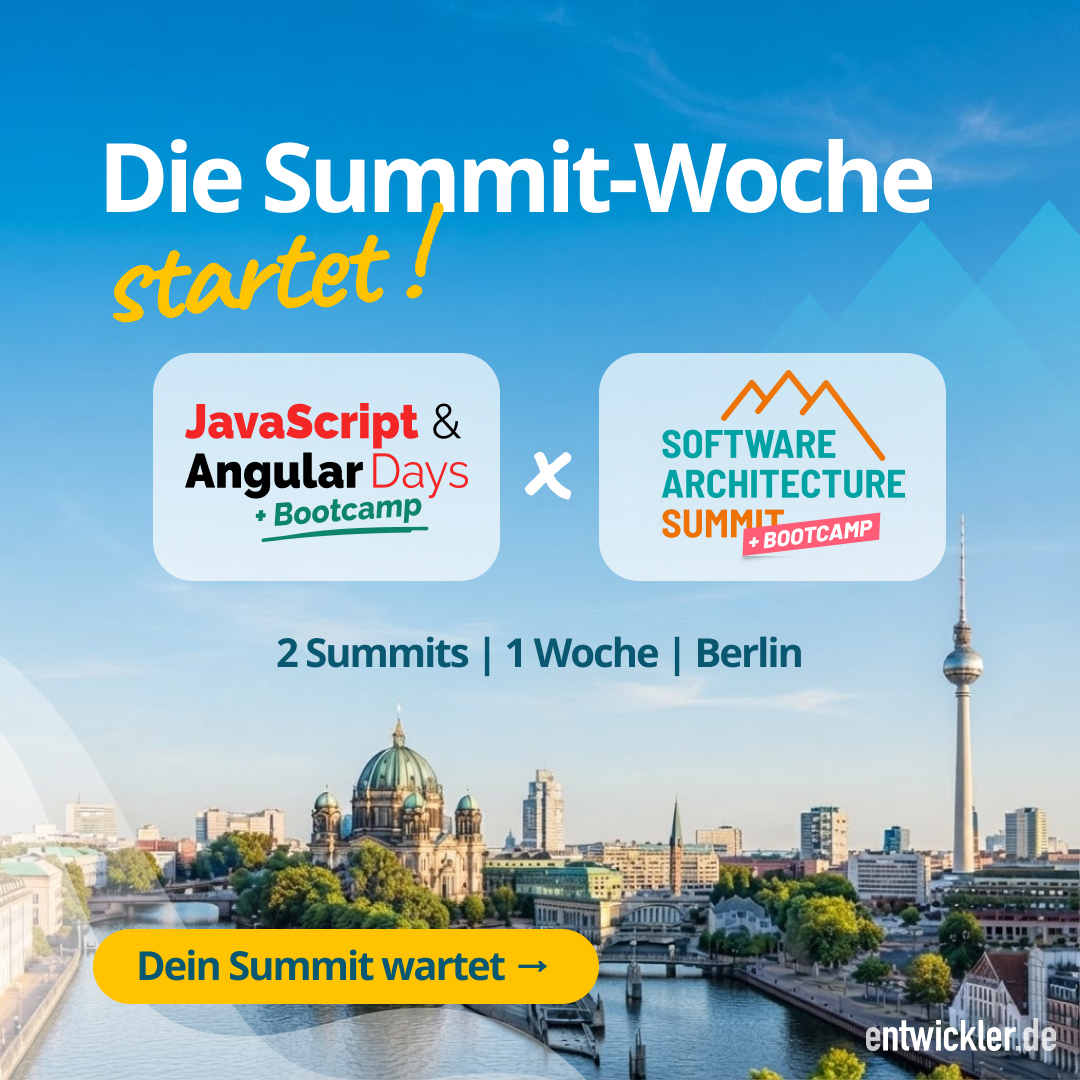 JS_Days's tweet photo. Die Summit-Woche startet! 🚀

Bei den JavaScript &amp; Angular Days dreht sich alles um moderne Webentwicklung. Parallel geht’s beim @SoftwArchSummit um Architektur und nachhaltige Softwareentwicklung.

Zwei Events, eine Woche in Berlin. 👀

👉 https://t.co/AgBite1lld

#Angular https://t.co/cwtmPT0LJZ