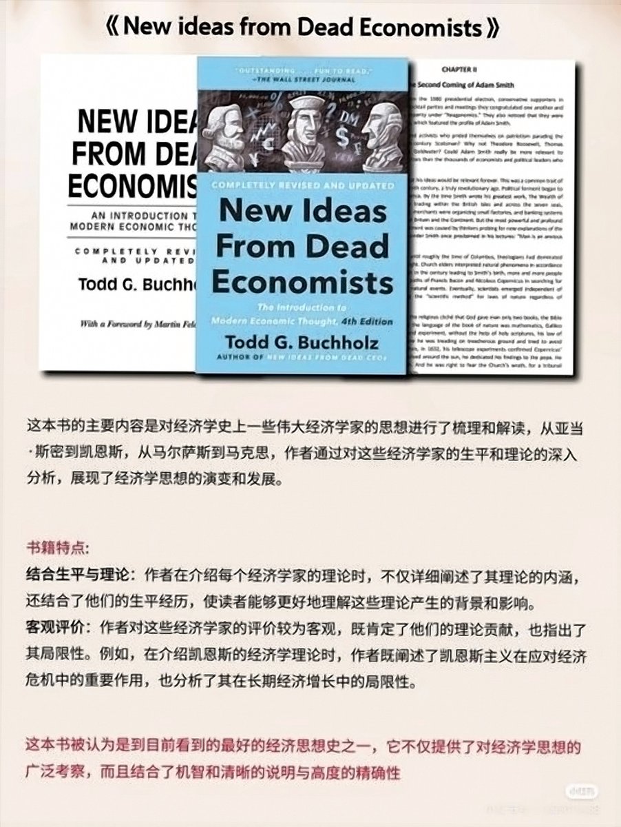outoftime1if's tweet photo. 学过通货膨胀、市场竞争和政府政策，却总觉得经济学知识彼此割裂？这本书适合用来把这些概念放回同一条思想脉络中理解。

《New Ideas from Dead Economists》（《来自已故经济学家的新思路》）从经济理论的演变讲起，逐步连接不同经济学观点，帮助读者理解现代经济运行背后的逻辑。

🔗 https://t.co/XSO5fw5cHW