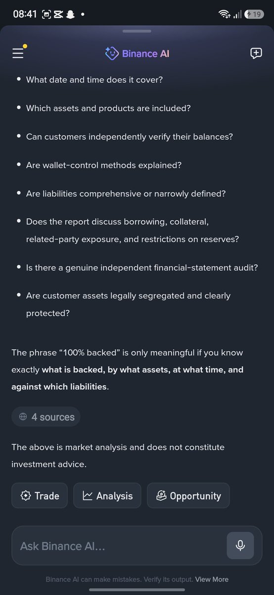 EveMipata's tweet photo. @binance Crypto hot take:
"Proof of Reserves proves an exchange is solvent and customer's funds are safe"
This is what Binance AI gave me
PoR is transparency, not a guarantee of solvency
#BinanceAI https://t.co/legUEegfWZ