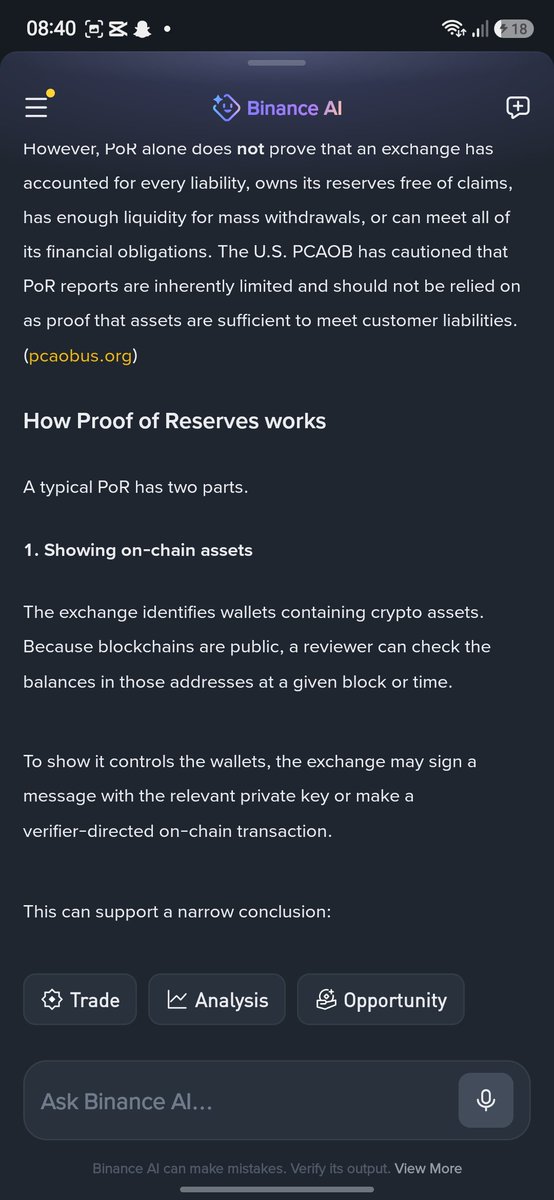 EveMipata's tweet photo. @binance Crypto hot take:
"Proof of Reserves proves an exchange is solvent and customer's funds are safe"
This is what Binance AI gave me
PoR is transparency, not a guarantee of solvency
#BinanceAI https://t.co/legUEegfWZ