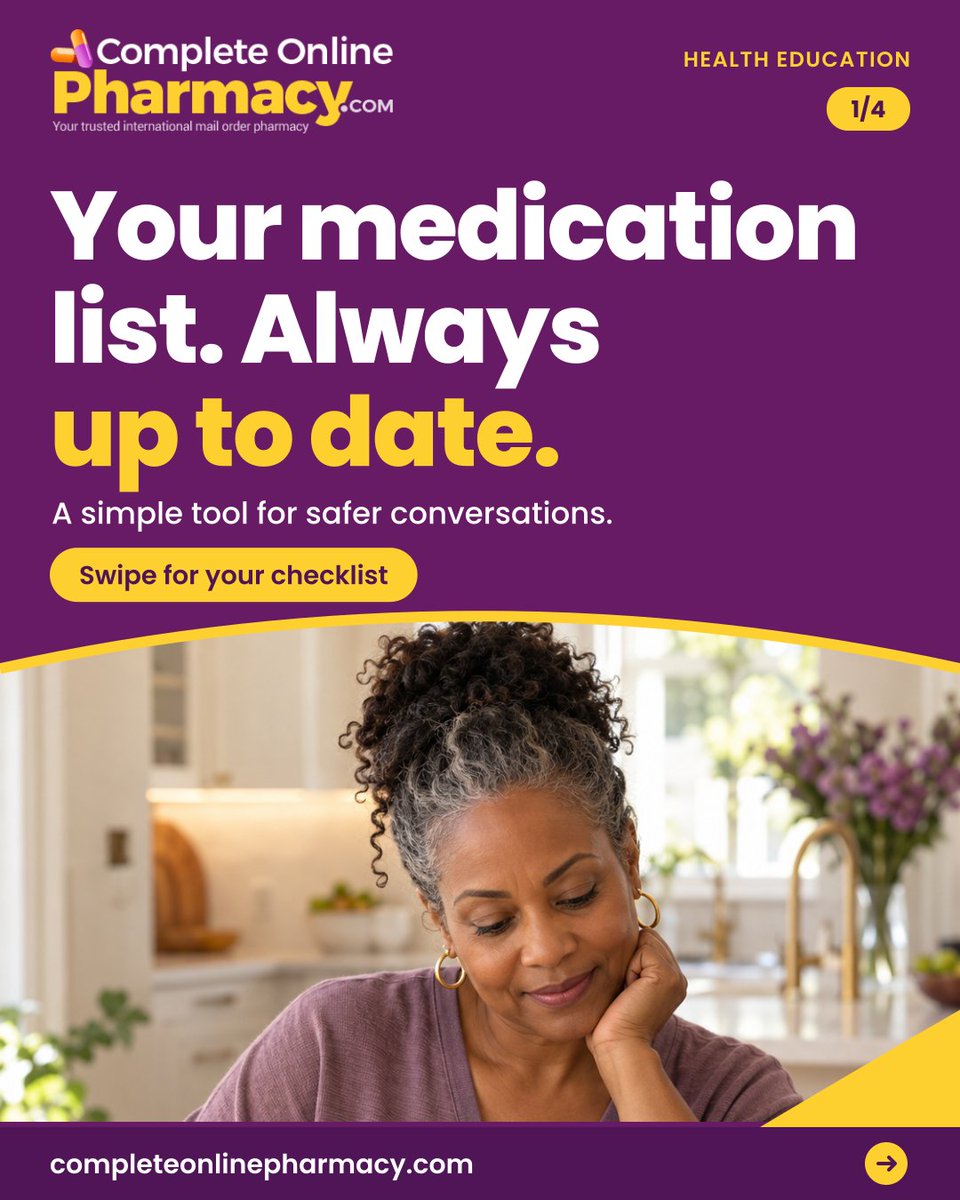 CompleteOnline1's tweet photo. Keep an updated list of all medicines, supplements, vitamins, and allergies. Share it with your healthcare team, and update it whenever anything changes.
.
#MedicationSafety #MedicationList #PatientEducation #CompleteOnlinePharmacy https://t.co/e7O1dShdmU