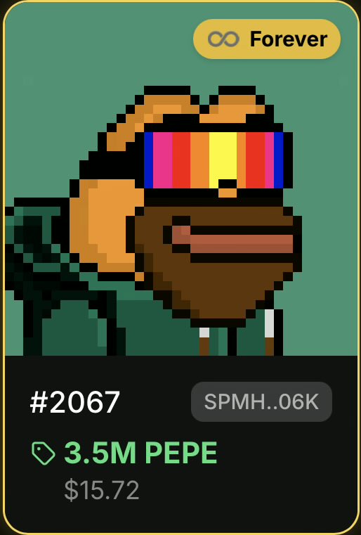 ACEband2021's tweet photo. • 3.5M $BPEPE (~$16)
• Bitcoin Pepe NFTs
• Green Pullover on Forrest Green with Pit Vipers Sunset
• Entire 2,089 Piece Collection has ♾️ Forever Twins by @XtrataLayers inscribed onto @Stacks anchored to Bitcoin | $BTC. NFA DYOR FAFO https://t.co/3DZY1wOhX2
