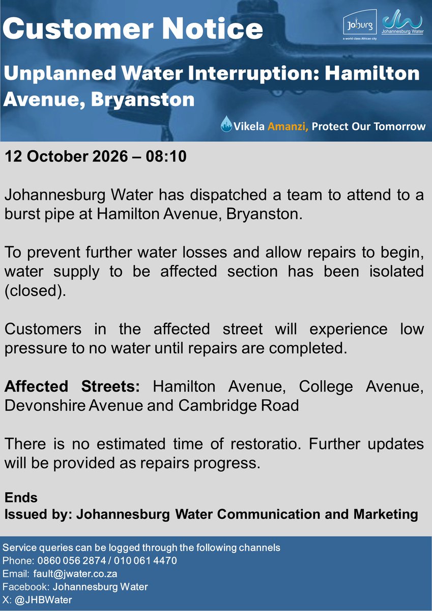 Official Johannesburg Water notice