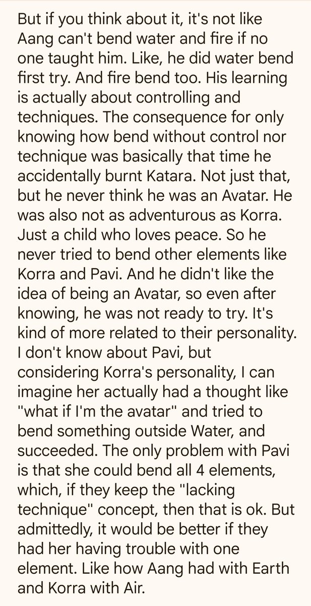 lazuli_GI's tweet photo. @Sparkpoodle1 Addition point: I don't think the "struggle" of being Avatar should only focus on the elements. But elements also connected to personality. So I hope they didn't forget that... We'll see for the future. Pavi's bending is only like a droplet of water so far, so I'll wait. https://t.co/OaPAeeMIR9