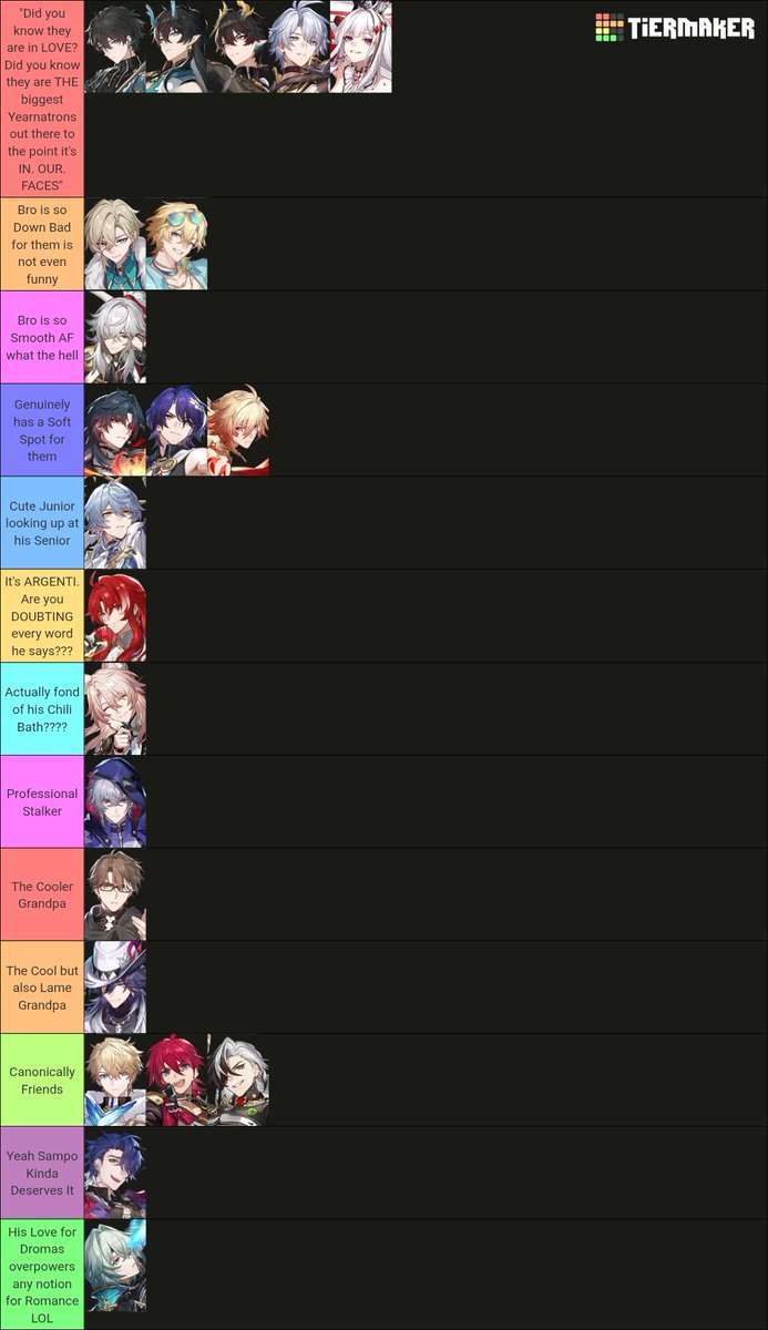 ReiReika1127's tweet photo. Tier List of how every Male Characters' relationship/bonds with TB is from an Objective Standpoint

Do note this is 30% actual Objective outlook, 20% Delusional Subjectivity and 50% Fun and Shit and Giggles

Thank you for coming to my Ted Talk🙏🙏🙏 https://t.co/d0CYYTiixV