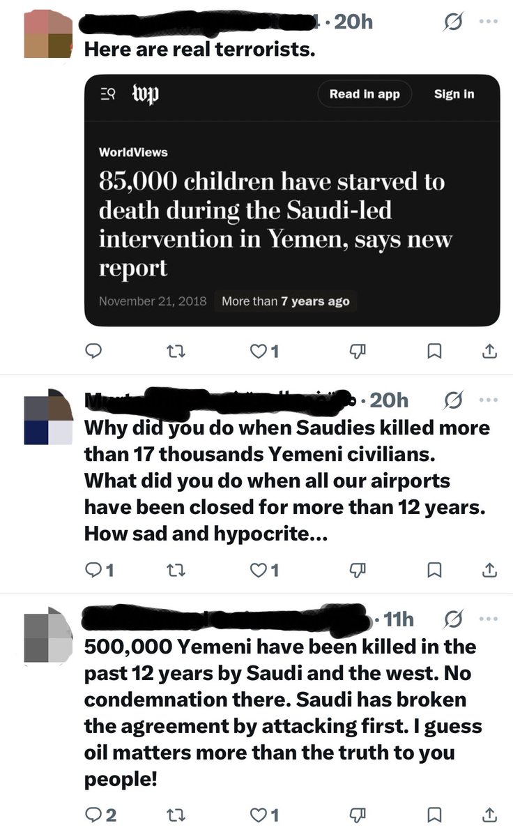 adoneikam's tweet photo. Yesterday I tweeted in solidarity with Saudi Arabia against Houthi terror, and Houthi bots took the chance to spread the malevolent lie that KSA kills Yemenis—claiming "85,000", "17,000", and "500,000" victims simultaneously.

If you are going to spread a defamatory lie of this magnitude, at least be consistent.