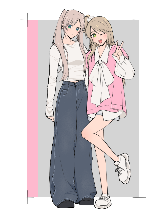 over_wassyoi's tweet photo. 漫画描く息抜きに絵描いてるやつ（終わりの始まり）
自ビルダーとニアで、ボリュームの上下偏り女子が好き～って思って描いたけど、NOおしゃれ人間には着こなしのバランスが理解できないんだよなって感じ。オーバーサイズってもっとでかかったような気が。あと街中で見るでけぇぼうたいは面白い https://t.co/KNAh3HUdew