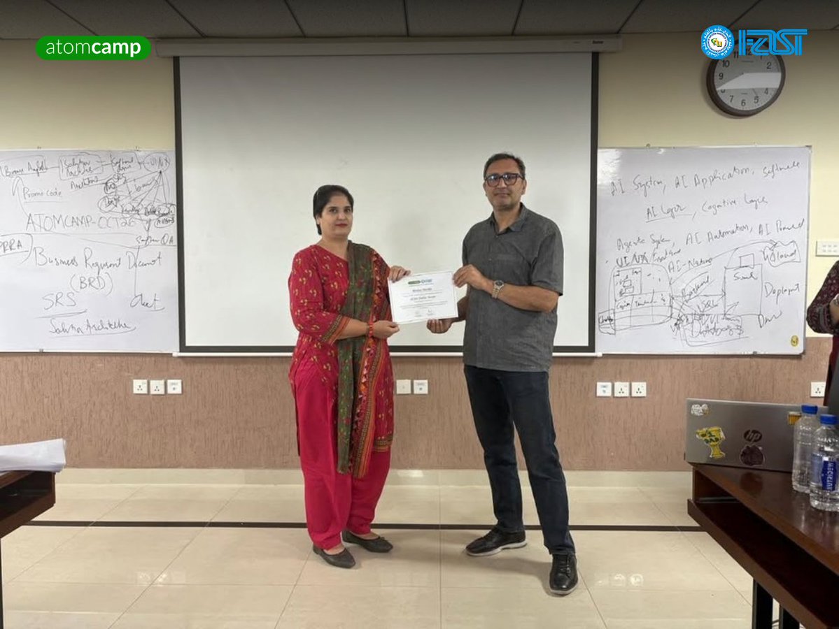 atomcamp's tweet photo. This weekend, we concluded a two-day workshop on AI for Public Sector, in partnership with FAST University, Islamabad.

AI is changing how governments work, make decisions and deliver public services. But using AI as an individual is very different from deploying AI systems in government departments. The latter requires a deeper understanding of technology, security, governance and institutional needs.

This was the focus of our workshop. How can public officials use AI to improve productivity and efficiency? And how can government departments move beyond individual AI tools to design and implement government-grade AI systems?

The training covered AI productivity, agentic AI, workflow automation and the design of AI systems for public sector applications.

Sessions were led by atomcamp co-founder Dr. Naveed Iftikhar, VP Engineering Dr. Umair, and faculty members from FAST University.

We are grateful to the participants from various federal and provincial government organizations who placed their trust in atomcamp and FAST. It was an excellent cohort, with great curiosity, thoughtful discussions and a strong interest in putting AI into practice.

At atomcamp, our work goes beyond AI awareness. We help organizations build AI capabilities through structured upskilling, hands-on training and the design and implementation of enterprise-grade AI solutions.

We will continue offering such programs across Pakistan. Government departments can also reach out to us for dedicated training and AI solutions tailored to their institutional needs.