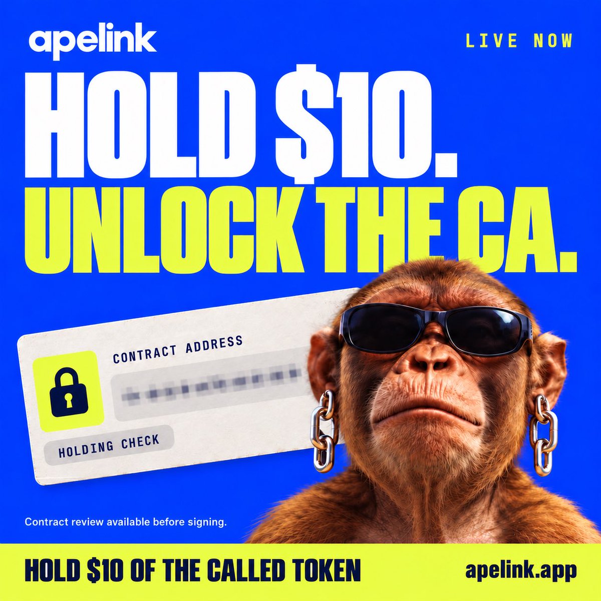 apelinkapp's tweet photo. Hold $10. Unlock the CA.

Hold at least $10 of the called token to unlock its CA panel. Automatic wallet checks. Contract review stays available before signing. https://t.co/zx5u0O82Yk