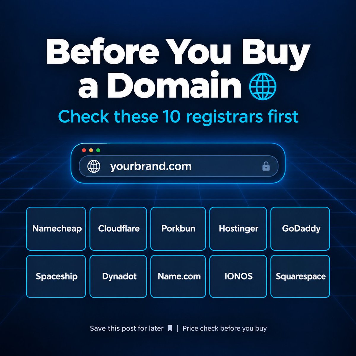 BornoNeverFound's tweet photo. Before you buy a domain, check these 10 registrars!

Cheap & trusted options:

1️⃣ Namecheap - affordable, simple, free WHOIS privacy
2️⃣ Cloudflare Registrar - at-cost pricing, no markup
3️⃣ Porkbun - low renewal fees, lots of TLDs
4️⃣ Hostinger - domain + hosting in one place
5️⃣ GoDaddy - biggest name, often has discounts
6️⃣ Spaceship - modern UI, easy management
7️⃣ Dynadot - good for bulk domain buying
8️⃣ https://t.co/DctVxFtjYu - easy setup, solid support
9️⃣ IONOS - good for business sites
🔟 Squarespace Domains - great for portfolio/brand sites

What’s your brand name? Drop it in the comments and I’ll suggest which domain would work best! 

#Domain #WebsiteBuilding #DigitalMarketing #Tech