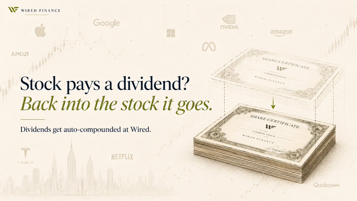 wiredfi's tweet photo. Getting a dividend is nice. Having to reinvest it every time? Not so much.

At $WIRED, dividends paid by the underlying stock are automatically compounded back into your position, so you don't have to worry about reinvesting them yourself.

One less thing to keep track of. https://t.co/ANKktaqo9d