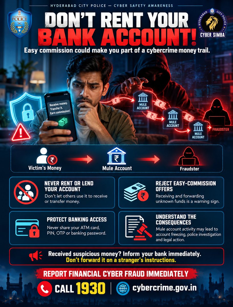 CyberCrimeshyd's tweet photo. A mule account is a bank account used by cybercriminals to receive and move money stolen through fraud. Fraudsters persuade account holders to receive payments and transfer them to other accounts or withdraw cash, often offering a commission. The account holder may knowingly participate or be deceived into believing it is legitimate work. This movement of funds helps conceal the money trail.

#virałpost #hyderabadcitypolice #cyberfraud #cybersafety