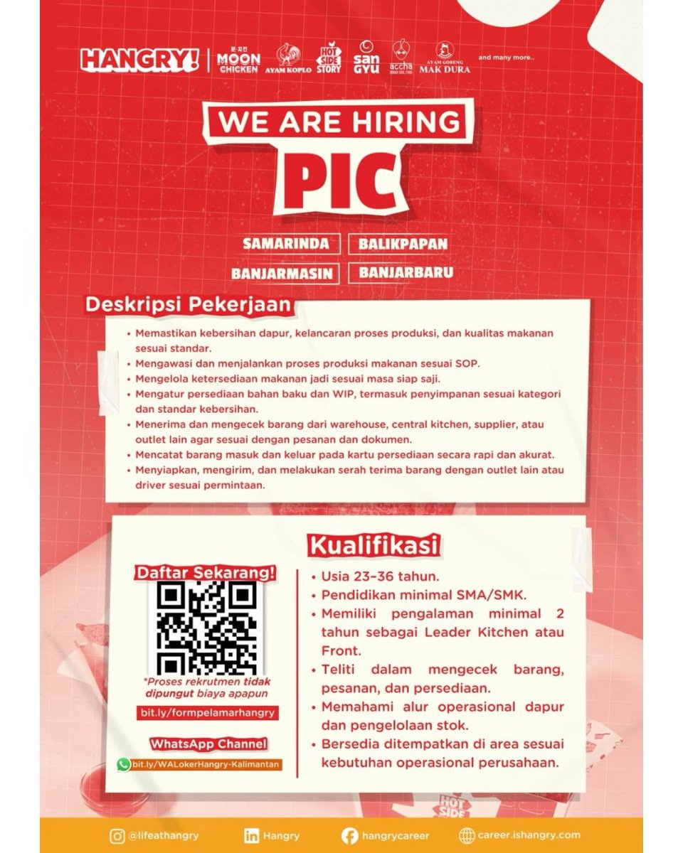 SpillTheJobs's tweet photo. Lagi cari kerja sambil kuliah atau baru lulus SMA/SMK?

Jr. Store Manager Trainee / ASM / PIC Outlet / Crew Outlet @ Hangry — Samarinda, full-time.

Bantu jaga operasional outlet restoran multi-brand; Crew Outlet terbuka untuk fresh graduate SMA/SMK.

Tag temanmu yang butuh 👇

#loker #infoloker #StoreManager #CrewOutlet #Samarinda

Lamar: Apply via formulir Hangry (link di post) atau email recruitmentops@ishangry.com.