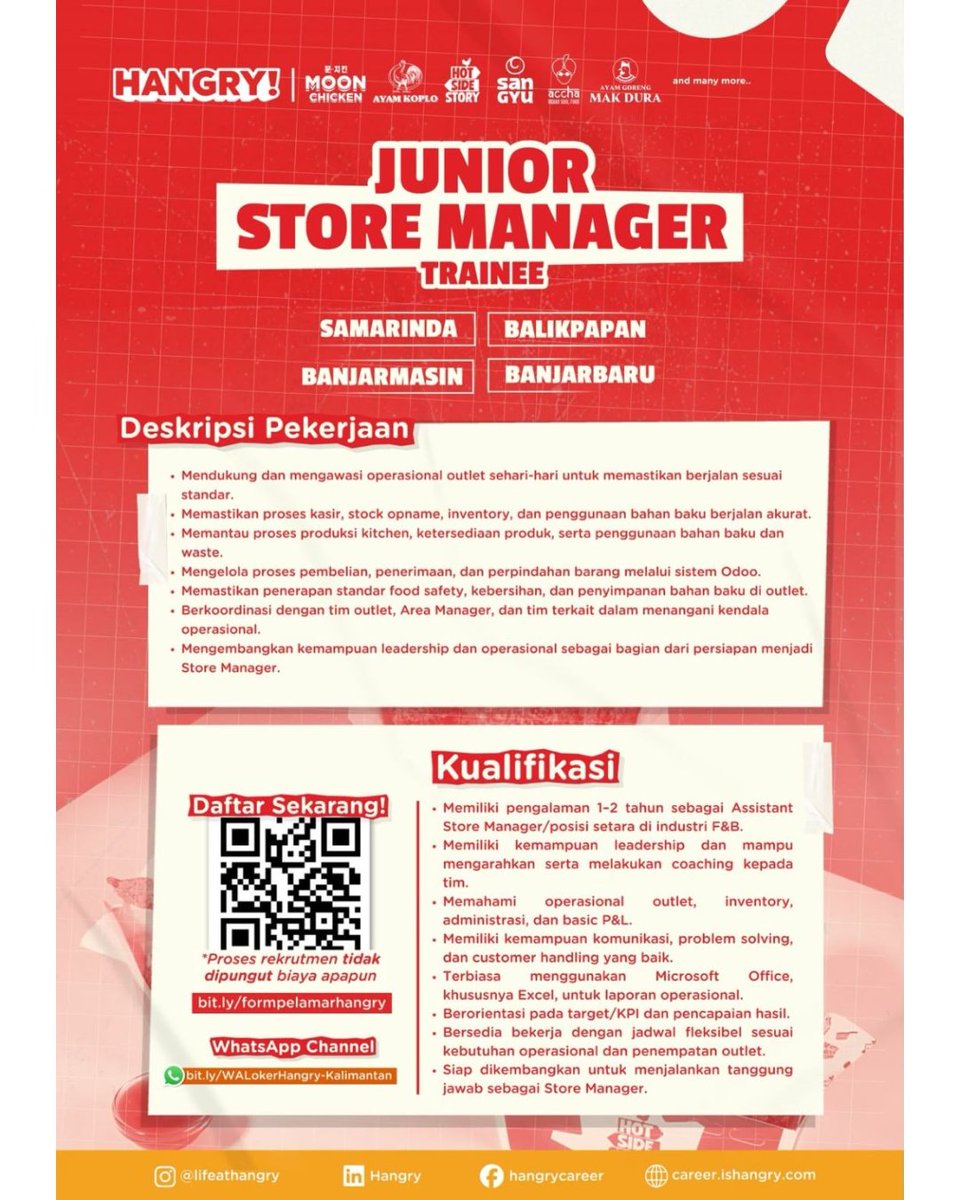 SpillTheJobs's tweet photo. Lagi cari kerja sambil kuliah atau baru lulus SMA/SMK?

Jr. Store Manager Trainee / ASM / PIC Outlet / Crew Outlet @ Hangry — Samarinda, full-time.

Bantu jaga operasional outlet restoran multi-brand; Crew Outlet terbuka untuk fresh graduate SMA/SMK.

Tag temanmu yang butuh 👇

#loker #infoloker #StoreManager #CrewOutlet #Samarinda

Lamar: Apply via formulir Hangry (link di post) atau email recruitmentops@ishangry.com.