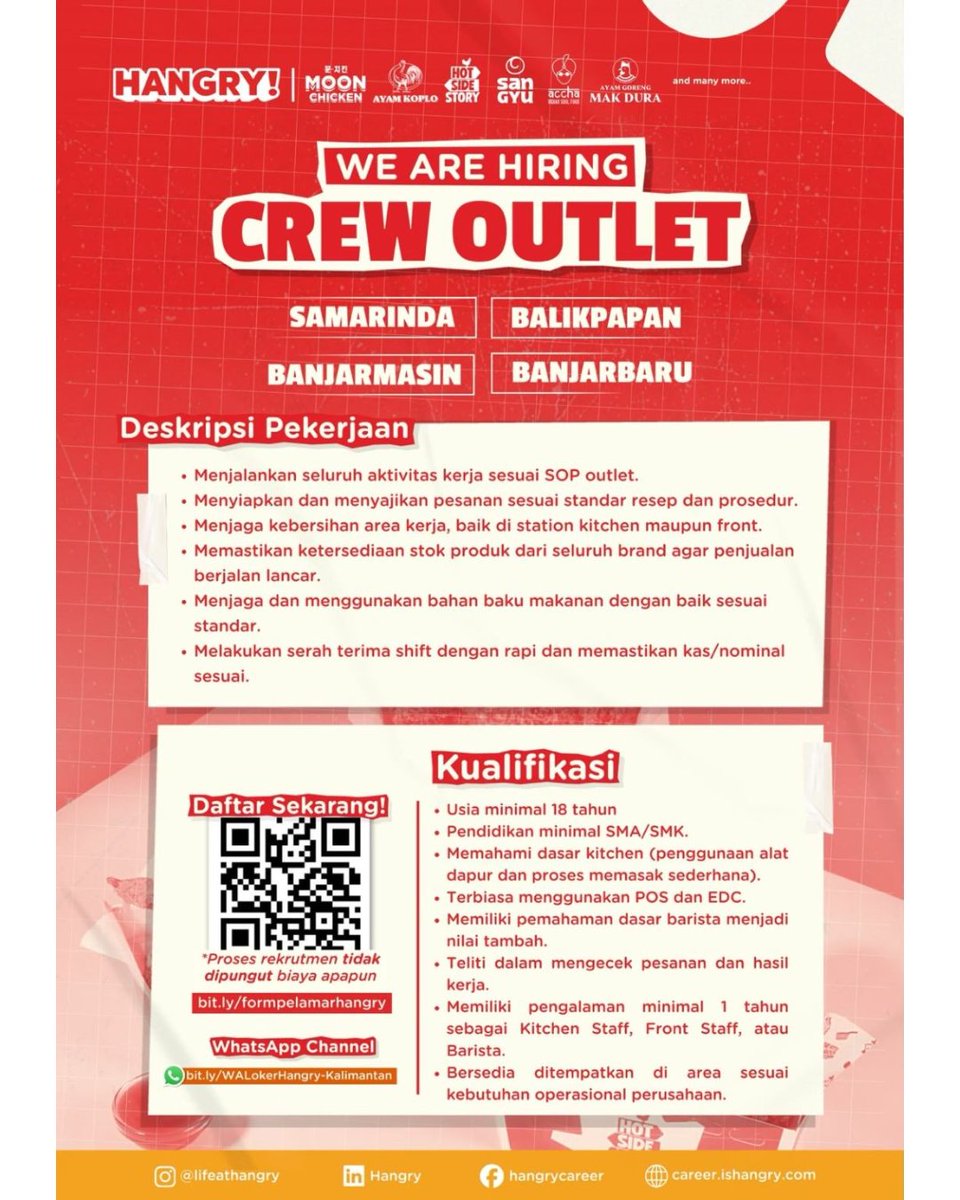 SpillTheJobs's tweet photo. Lagi cari kerja sambil kuliah atau baru lulus SMA/SMK?

Jr. Store Manager Trainee / ASM / PIC Outlet / Crew Outlet @ Hangry — Samarinda, full-time.

Bantu jaga operasional outlet restoran multi-brand; Crew Outlet terbuka untuk fresh graduate SMA/SMK.

Tag temanmu yang butuh 👇

#loker #infoloker #StoreManager #CrewOutlet #Samarinda

Lamar: Apply via formulir Hangry (link di post) atau email recruitmentops@ishangry.com.