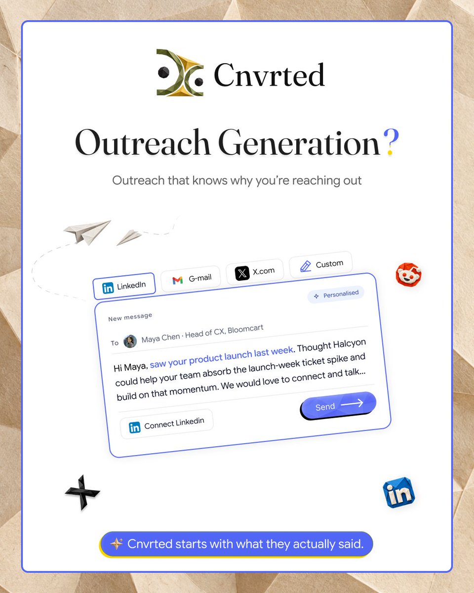 cnvrted's tweet photo. Bad cold email:
“Hope this finds you well. Thought we could help.”
Good cold email:
“Saw your post about manual reporting. We built something for that.”

Same product. The second one has a reason.
Cnvrted drafts the second kind, using what the buyer actually said. https://t.co/kWvL32HV0F
