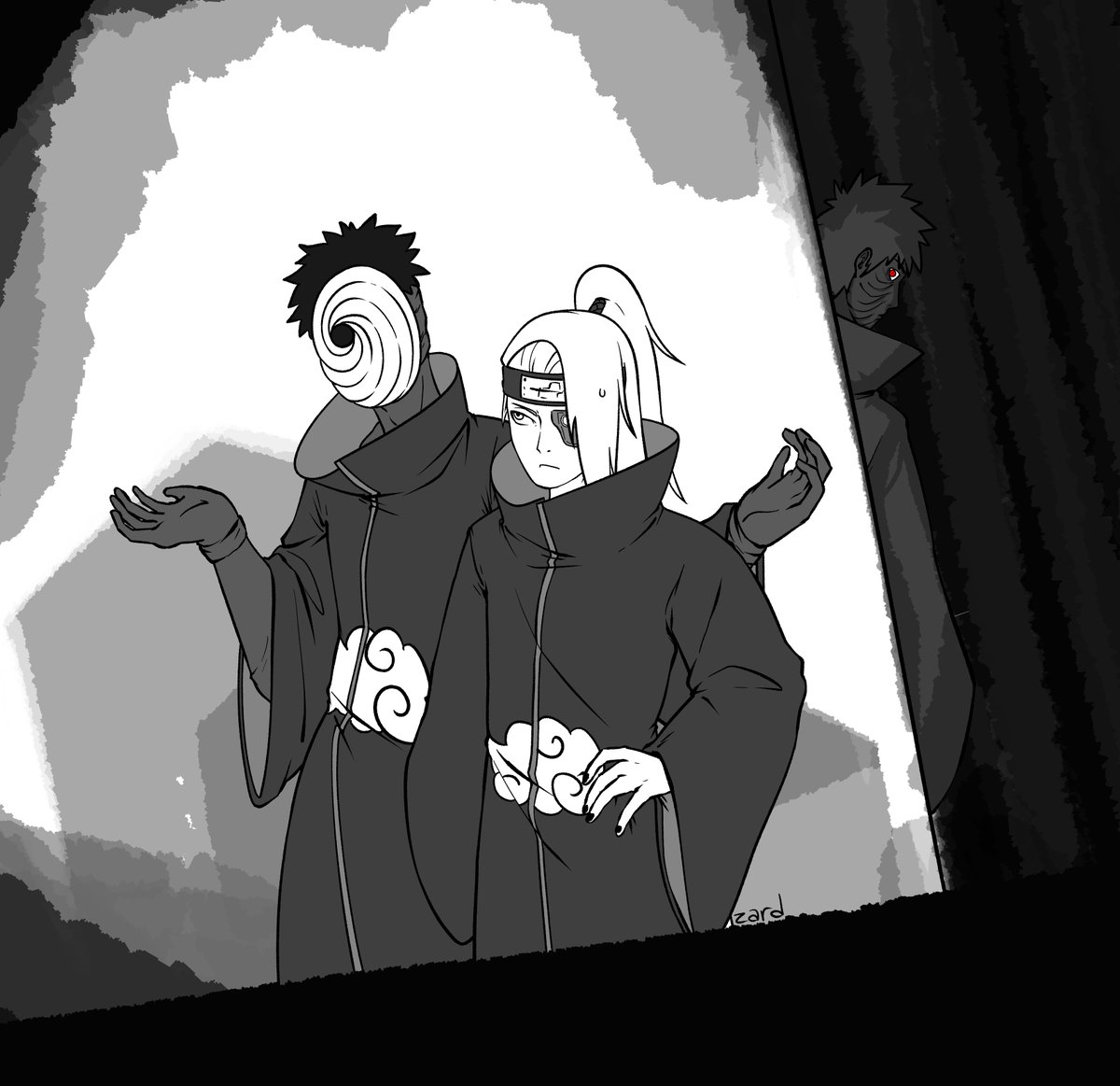 The_Zard_'s tweet photo. Ngl was completely out of ideas for this one so its kinda forced.
Day 2: Inspired on a movie... loosely... oh no, Deidara was too nosy about wtf happens to Tobi when he dissapears and got trapped in a Backrooms-like Kamui dimention

#tobideiweek2026 #obidei #tobidei https://t.co/07xDahgQLV