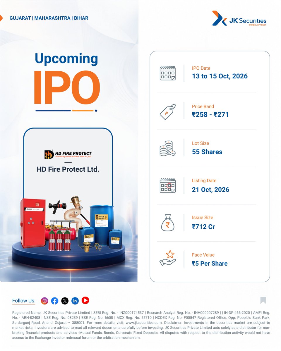 JKSecurities1's tweet photo. 🔔 HD Fire Protect Ltd. IPO
Explore the key IPO details and important information.
📅 IPO Date: 13 – 15 Oct 2026
👉 Stay informed. Know the IPO better!
#HDfireprotect #IPO #StockMarket #JKSecurities https://t.co/Gsxy2qJA2s