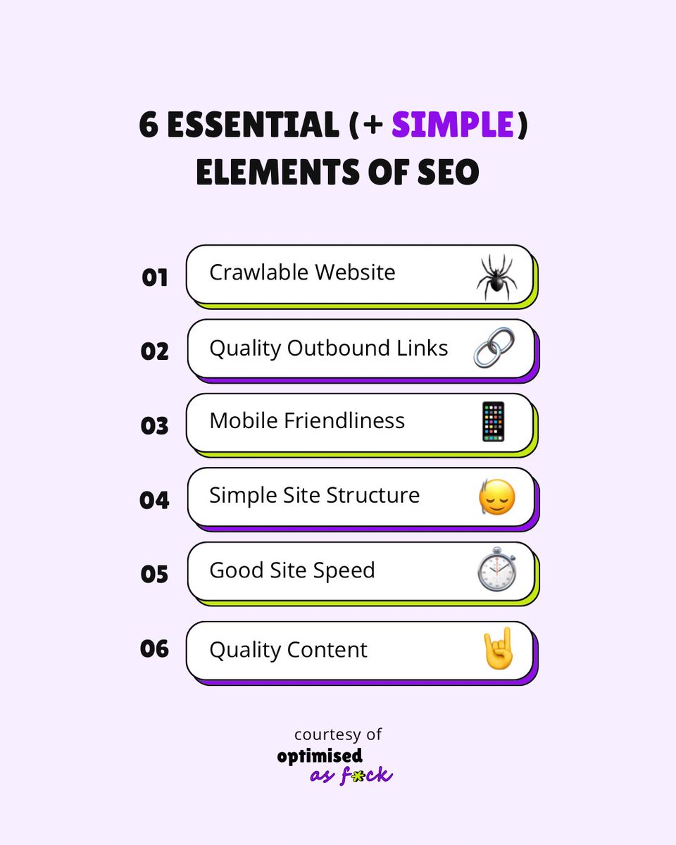 optimisedaf's tweet photo. Good SEO is about getting the fundamentals right, consistently, with a clear strategy (no secret formula). 

These six elements are your shortcut to understanding the fundamentals. 
Save this and follow for more SEO made f*cking easy! 💜 https://t.co/Dtdvn2p4Ki