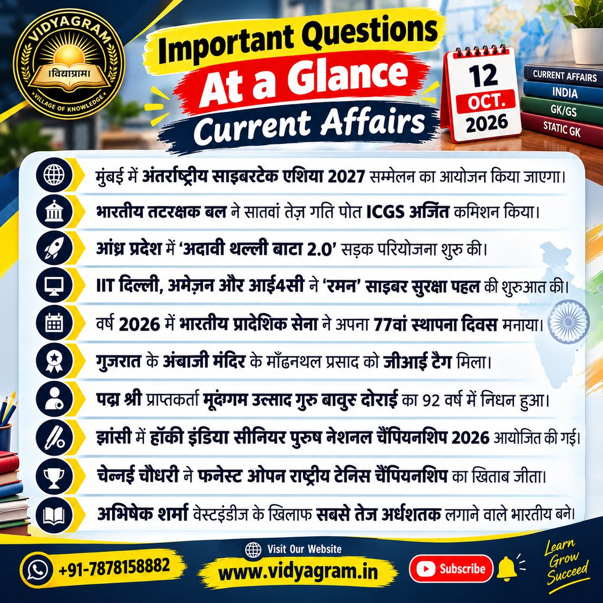 Vidyagramar's tweet photo. 12 October 2026 Daily Current Affairs At a Glance 📰✨
मुंबई में अंतर्राष्ट्रीय साइबरटेक एशिया 2027 का आयोजन होगा।
तटरक्षक बल को मिला 7वां तेज़ गति पोत ICGS अर्जित।
गुजरात के अंबाजी मंदिर के प्रसाद को GI टैग।
#CurrentAffairs #Vidyagram #GKGS #DailyGK https://t.co/6fLchDzUyl