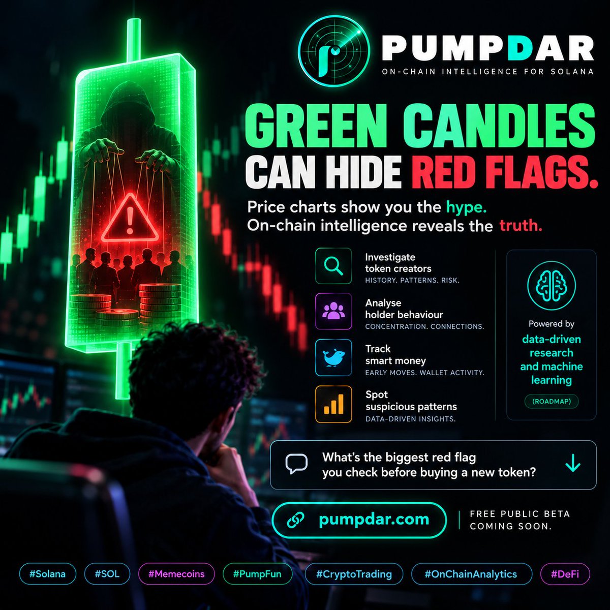 PumpDaronX's tweet photo. 🚨 UNPOPULAR OPINION: Most memecoin traders aren't trading. They're gambling.

A green candle appears. Everyone rushes in.

Nobody asks:
🔍 Where did the liquidity come from?
🐋 Who actually controls the supply?
⏳ What happened before the pump?

The blockchain leaves clues. Most people never look.

We're building PUMPDAR to help change that.

🧠 Research first. Trade smarter.

🌐 https://t.co/xKPZK5JyBZ

What's the biggest red flag you check before buying a new token? 👇

#Solana #Memecoins #PumpFun #CryptoTrading #SOL