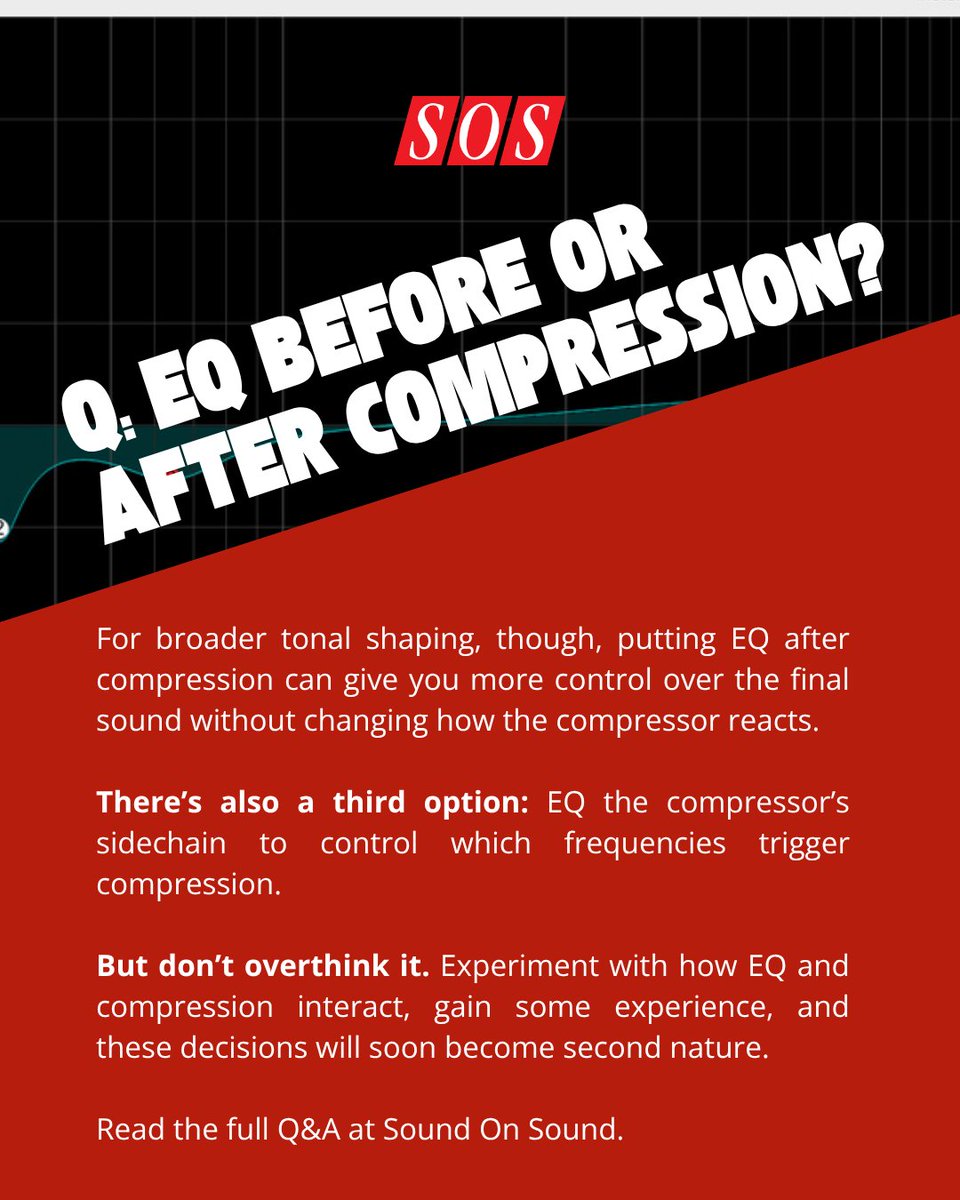 soundonsoundmag's tweet photo. EQ before or after compression? Matt Houghton breaks down his approach…and why you shouldn’t overthink it. 

 https://t.co/1Lo2hF9Af0

#EQ #Compression #musicproduction https://t.co/ga7GAbzRcc