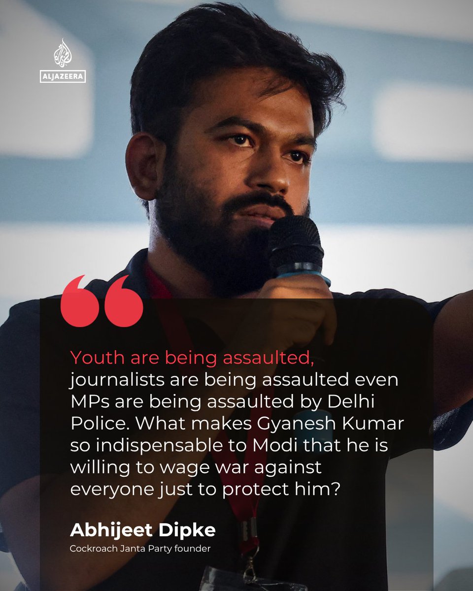 AJEnglish's tweet photo. Cockroach Janta Party founder Abhijeet Dipke has accused the police in Delhi of assaulting youth, journalists and politicians joining the demonstrations against the Election Chief Gyanesh Kumar. 

🔴 LIVE updates: https://t.co/fHtjnC4zCB https://t.co/LlqZqveHFR