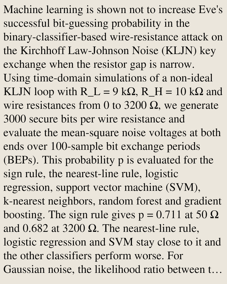 PhysicsPaper's tweet photo. Binary Classifier Wire-Resistance Attack on KLJN: Bayes-Optimal Limit at a Narrow Resistor Gap

Mehmet Yildirim, Fahrettin Ay, Laszlo B. Kish
https://t.co/GJsWk4gDrI [𝚙𝚑𝚢𝚜𝚒𝚌𝚜.𝚐𝚎𝚗-𝚙𝚑] https://t.co/TX7ThH2oI1