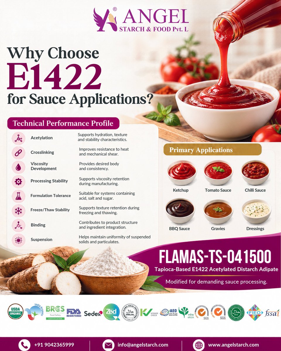 angel_starch's tweet photo. Great sauce starts with great starch. 🍅✨
E1422 for ketchup, gravies, dressings and more. That’s E1422 from Angel Starch.

#FoodIndustry #FoodManufacturing #FoodProcessing #Ketchup #Sauces #FoodTech #FoodInnovation #Ingredients  #BehindTheFood #AngelStarch https://t.co/mIoeNRs4GT