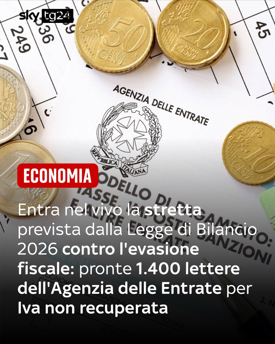 SkyTG24's tweet photo. Entra nel vivo la stretta prevista dalla Legge di Bilancio 2026 sul recupero dell'Iva per i contribuenti che non hanno presentato la dichiarazione su fatture e corrispettivi. ▶️ https://t.co/KPgX1Vm0Yz https://t.co/qfspJ4xvso