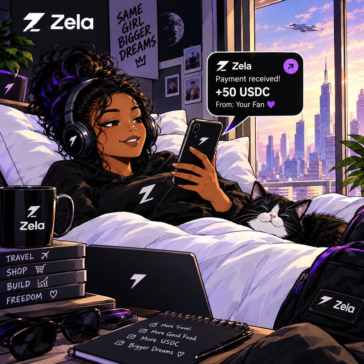 Zelapay's tweet photo. GM ☀️💜
Imagine waking up to good vibes, bigger dreams, and money coming in while you’re still in bed. 😂
With Zela, money moves with you — so you can focus on living, building, and becoming more.
Your money. Your pace. Your life.
#Zela #Web3 #USDC https://t.co/tFOxM17PE0