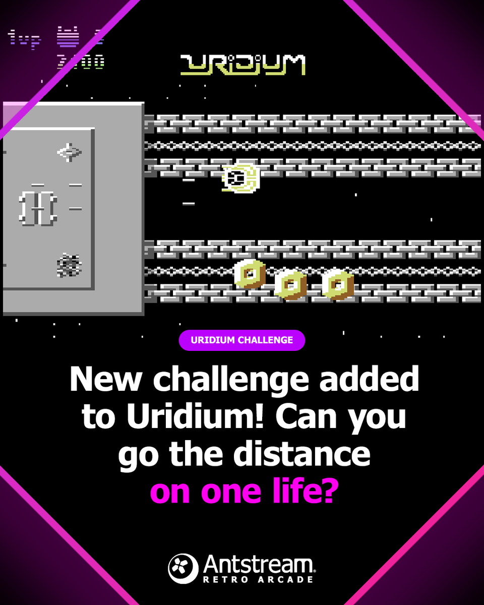 AntstreamArcade's tweet photo. How far could you get in Uridium on ONE life? 👀

We've added a brand new challenge, "The Last Star Fighter". Survive as long as you can and score big.

Drop your best score below 👇 and play now on Antstream Retro Arcade.

#Uridium #C64 #RetroGaming #Antstream #ShootEmUp https://t.co/ScC64N4WEr