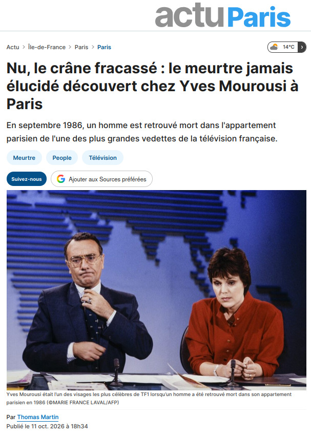 Casimir_Noir's tweet photo. #ColdCase 
15 Oct 1986 : Le majordome d'#YvesMourousi Gérard Vaccari (dit Lolo) est retrouvé nu le crâne fracassé dans l'appartement parisien de la grande vedette du 13H.
https://t.co/c2CWnFdU6U https://t.co/keQudO5cXs