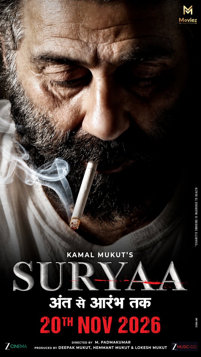 taran_adarsh's tweet photo. SUNNY DEOL'S NEXT RELEASE IS 'SURYAA' – 20 NOV 2026 RELEASE… Presenting the intense first glimpse of #SunnyDeol in #Suryaa... The makers have unveiled the motion poster and announced the film's theatrical release date: 20 Nov 2026.

Directed by M Padmakumar… A Kamal Mukut presentation, #Suryaa is produced by Deepak Mukut, Hemmant Mukut, and Lokesh Mukut under the banner of MM Moviez. 

#ZeeMusic |  #AnthSeAarambhTak | @iamsunnydeol