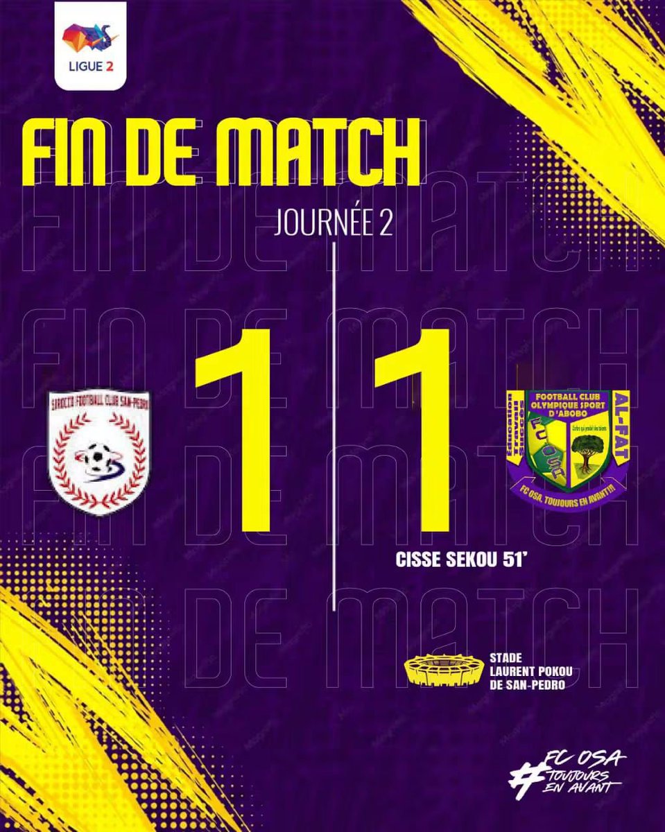 fcosaofficiel's tweet photo. 🔰𝐅𝐈𝐍 𝐃𝐔 𝐌𝐀𝐓𝐂𝐇 🔰

𝐂'𝐞𝐬𝐭 𝐭𝐞𝐫𝐦𝐢𝐧𝐞́ !
Nos 𝐎𝐒𝐀𝐥𝐚𝐢𝐬 font match nul 1-1 à l’extérieur face au SIRROCO FC au stade Laurent Pokou de San Pedro pour le compte de la 2e journée de Ligue 2. 

Rendez-vous est pris pour la 3e journée ! https://t.co/6AS1lbWcuI