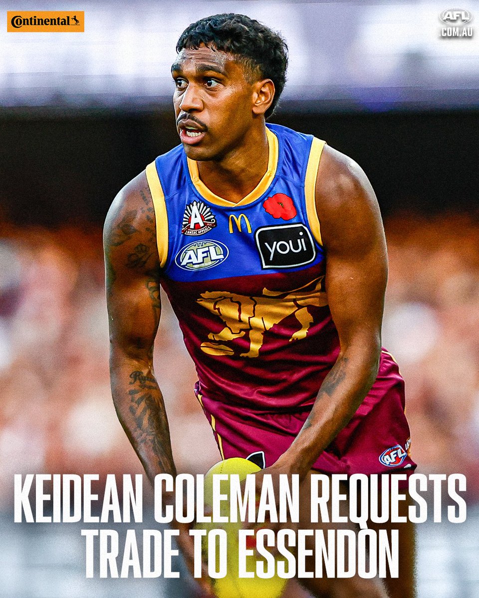 AFL's tweet photo. Keidean Coleman has officially requested a trade to Essendon after meeting with new Bombers coach Mark McVeigh, reports @JoshGabelich.

More: https://t.co/jYoiuH57io

Brought to you by Continental Tyres of Australia. https://t.co/fRrSnpXoAG