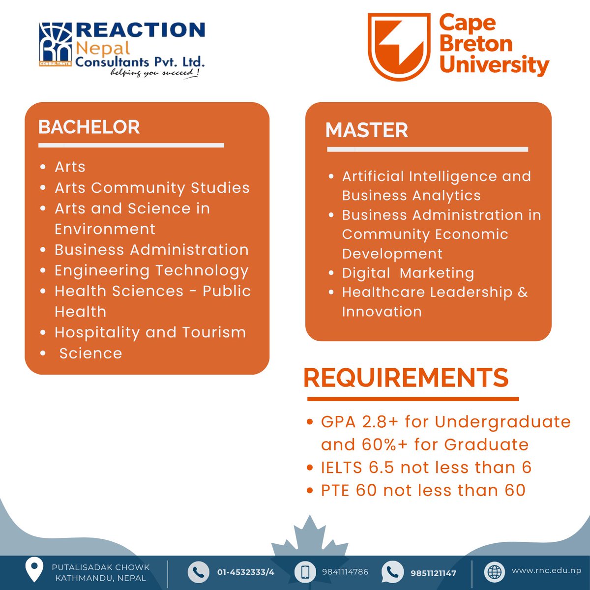 ReactionNepal's tweet photo. Planning to study in Canada? 
🇨🇦 Explore undergraduate and master’s programs at Cape Breton University in Sydney, Nova Scotia, for the 2027 intakes!

For more information. Visit Us At:
🌐 https://t.co/aEjYZu1p5K
#CapeBretonUniversity #StudyInCanada #StudyAbroadNepal https://t.co/pkrUfw9mkH