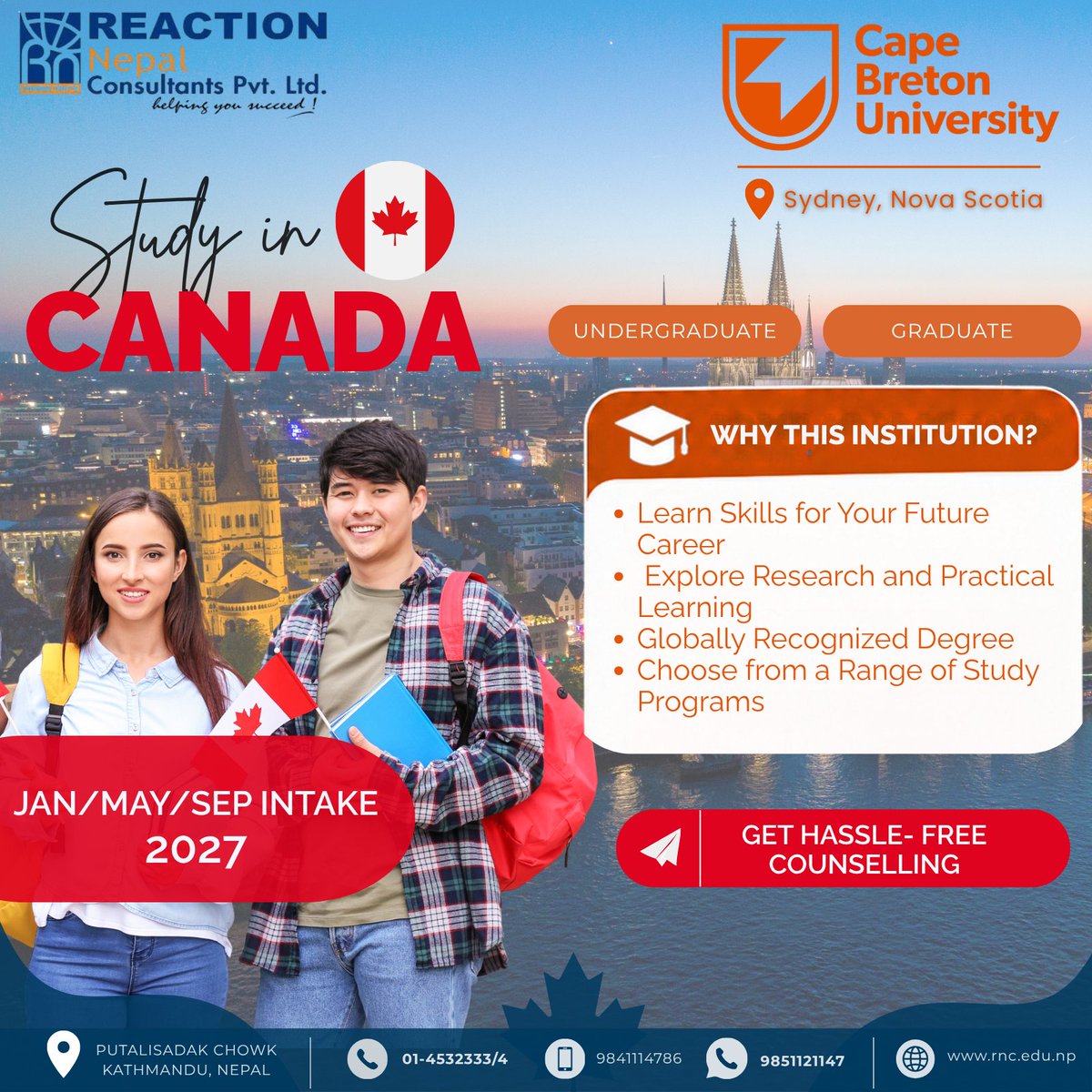 ReactionNepal's tweet photo. Planning to study in Canada? 
🇨🇦 Explore undergraduate and master’s programs at Cape Breton University in Sydney, Nova Scotia, for the 2027 intakes!

For more information. Visit Us At:
🌐 https://t.co/aEjYZu1p5K
#CapeBretonUniversity #StudyInCanada #StudyAbroadNepal https://t.co/pkrUfw9mkH