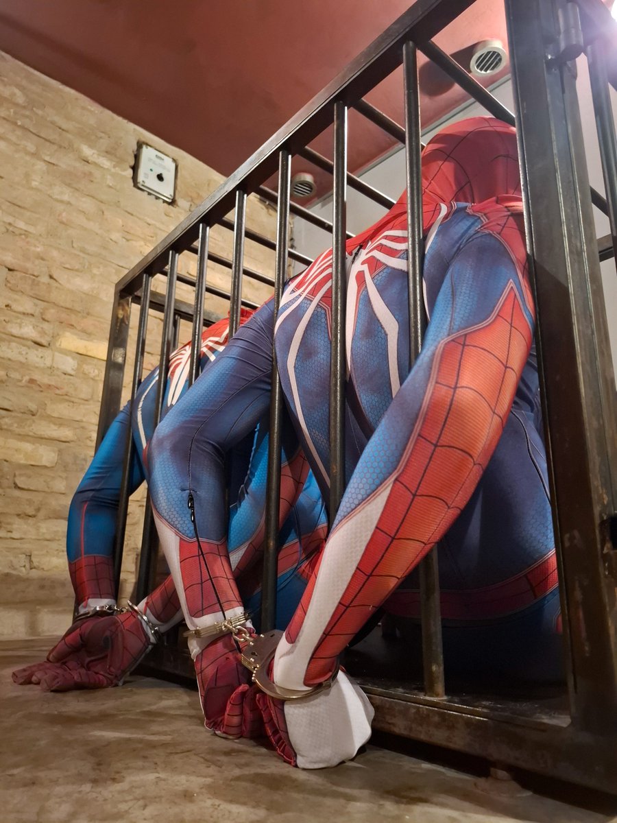 spidy84m's tweet photo. What’s better than one wallcrawler in a cage? Exactly! Two 😈
Even better when they’re secured like this. 
A joint project with @superman_berlin and spider_sportykink (Instagram &amp; OF)
#spiderman #cage #bondage #cuffs #caged #tiedup #superhero #malebondage #spandex #lycra #gagged https://t.co/J5buKTNiMX