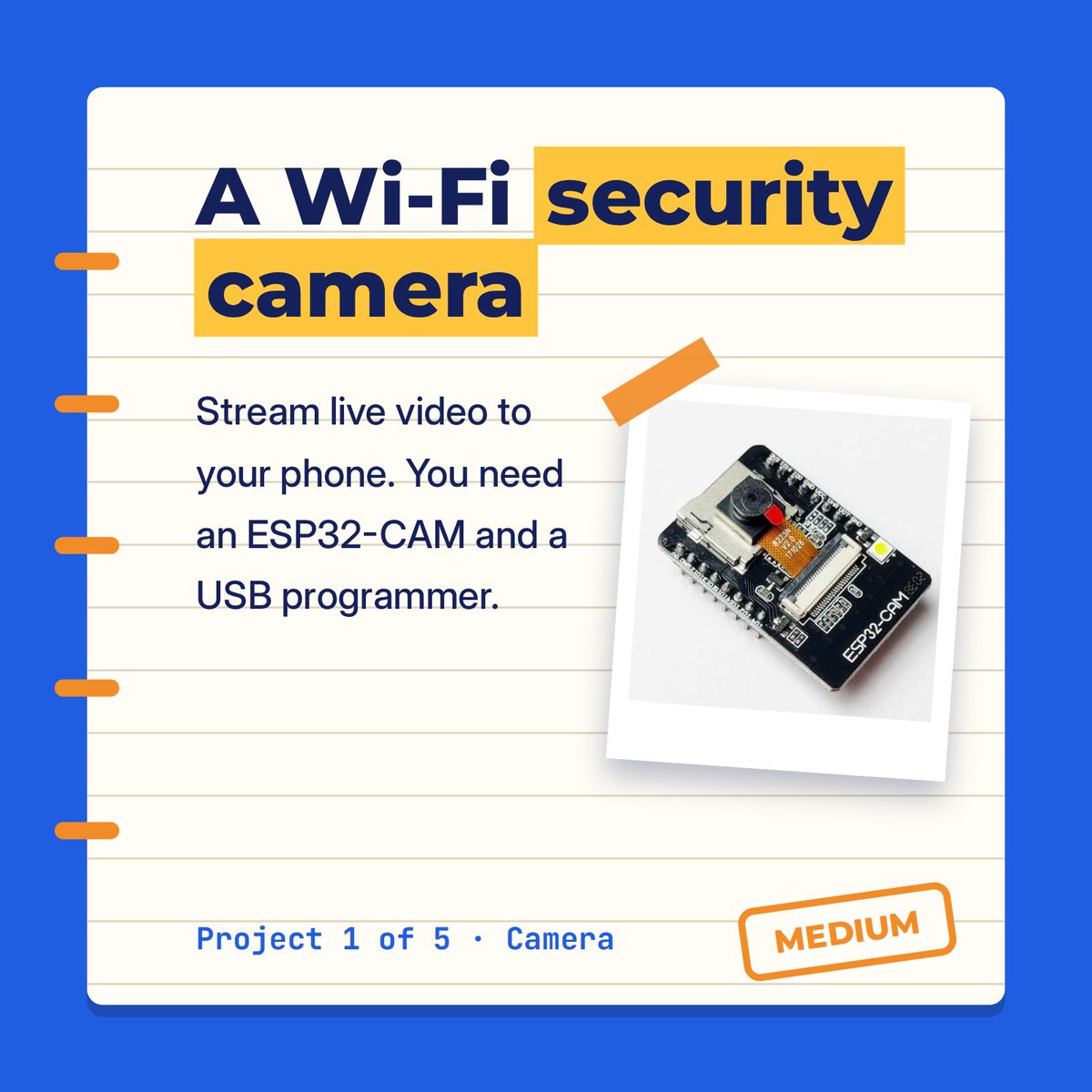 nyerekatech's tweet photo. 5 ESP32 projects for this weekend: Wi-Fi camera, phone-controlled light, weather station, Bluetooth remote, motion alarm. Which would you build first? https://t.co/htK3Eb33xF 
#ESP32 #IoT https://t.co/1mzIrM75os
