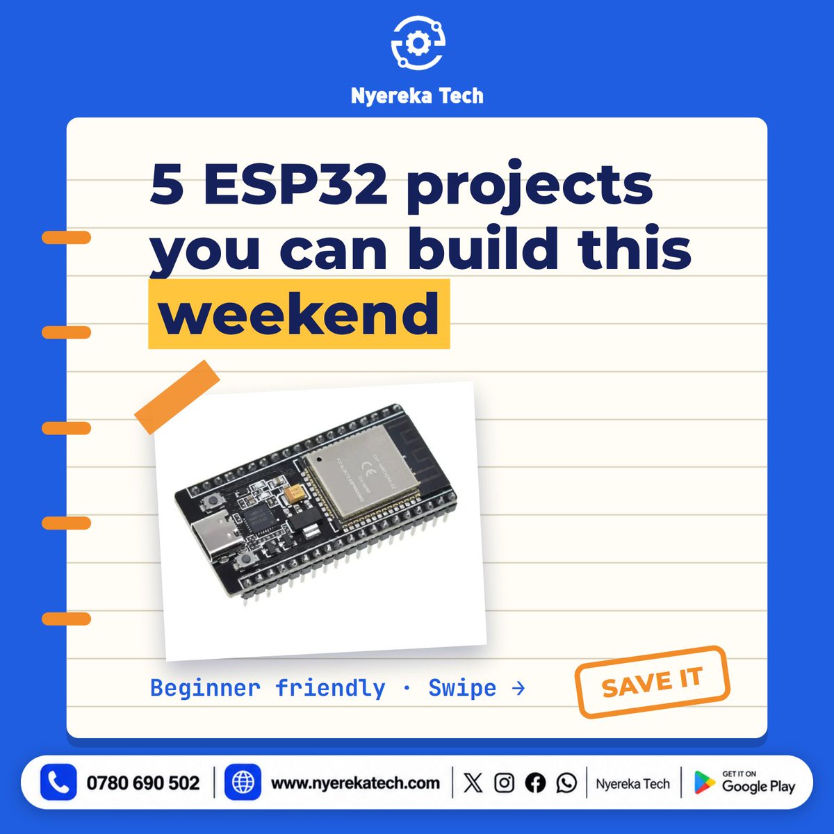nyerekatech's tweet photo. 5 ESP32 projects for this weekend: Wi-Fi camera, phone-controlled light, weather station, Bluetooth remote, motion alarm. Which would you build first? https://t.co/htK3Eb33xF 
#ESP32 #IoT https://t.co/1mzIrM75os