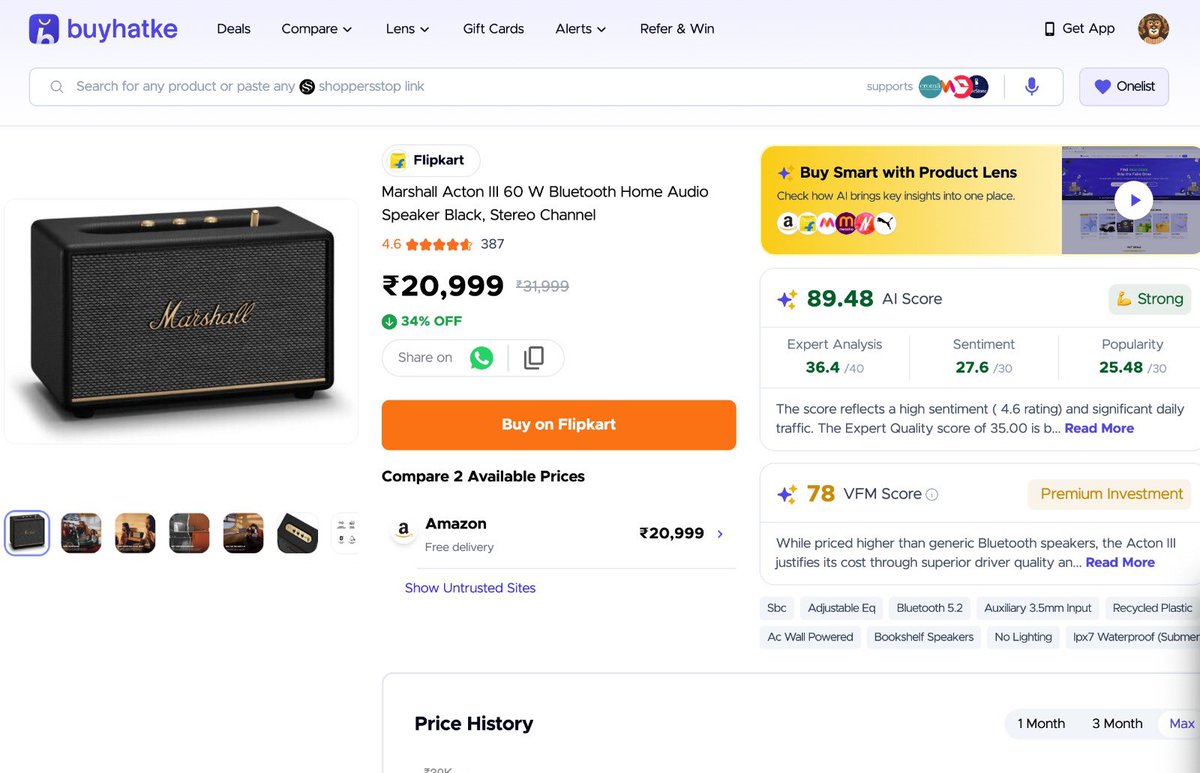 BuyHatke's tweet photo. EPIC HATKE STEAL ALERT! 🔥

Marshall Acton III 60W Bluetooth Home Audio Speaker (Black) at ₹20,999 on Flipkart!

Highest: ₹31,999 Lowest: ₹20,999 (34% OFF)

Deal Score: Strong, AI Score 89.48, best price across 2 sellers go ahead &amp; buy now ✅ https://t.co/US03sOQrLy