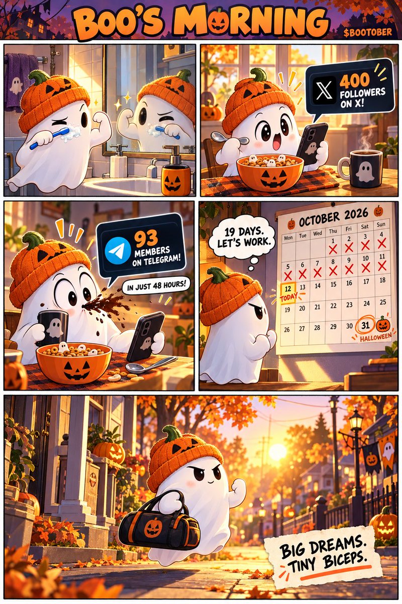 BOOtober0's tweet photo. @zakum_trades Meet BOO! 👻🎃 
A tiny ghost training for Halloween through daily comic adventures!

$BOOTOBER: 400 followers on X + 93 on Telegram in just 48h. Growing together, one BOO at a time 💪

CA: 2W4VtU4khQ3JLwfXgC2sTTxESj6sJdoK8ubBEPLmpump https://t.co/YYLkuNZK1F