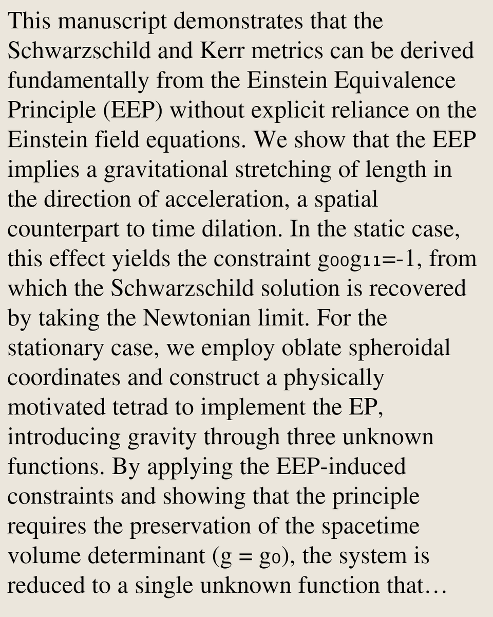 PhysicsPaper's tweet photo. Deriving Schwarzschild and Kerr from the Einstein Equivalence Principle

G. Alencar
https://t.co/QQ9JLUnb22 [𝚙𝚑𝚢𝚜𝚒𝚌𝚜.𝚐𝚎𝚗-𝚙𝚑] https://t.co/lLMkck8UQg