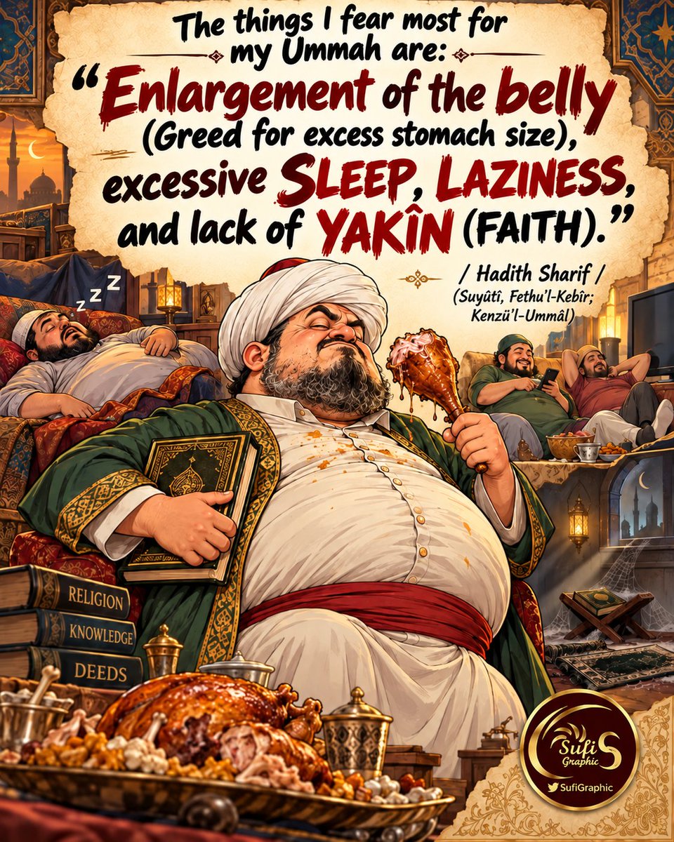 SufiGraphic's tweet photo. #Glutton #Fat #Obesity #Laziness #Faith #Sleep #Hadith #Islam #Believer #Ummah #Haram THE RUIN OF THE UMMAH https://t.co/uKxdN0K2NL