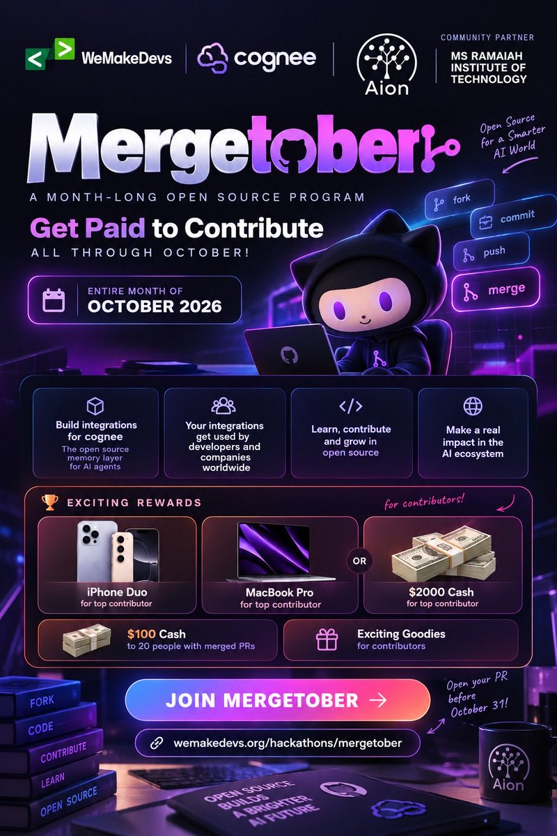 aion_rit's tweet photo. 🚀 AION × Mergetober!

We’re excited to be a Community Partner for @WeMakeDevs × @cognee_ai’s month-long open-source program! 💻

Contribute, build, learn &amp; win exciting rewards. 🏆

📅 Until Oct 31
🔗 https://t.co/p46Hc67Z96

#AION #Mergetober #OpenSource https://t.co/obmbnHHf8O